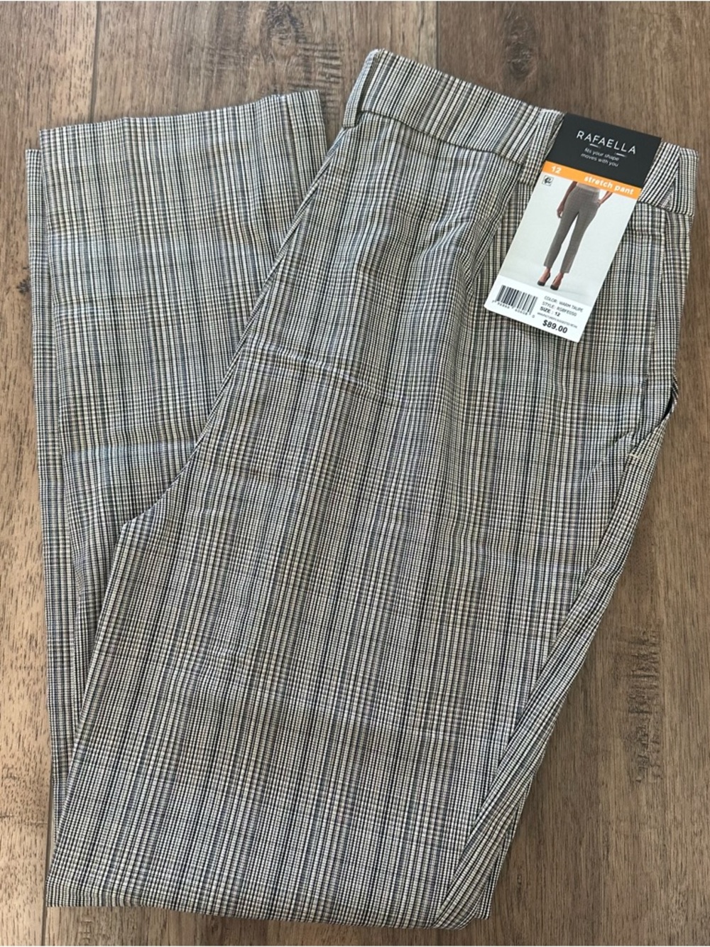 NWT! Rafaella Women’s‎ Stretch Pants, Pull-On Elastic Waist, Neutral, Plaid, 12